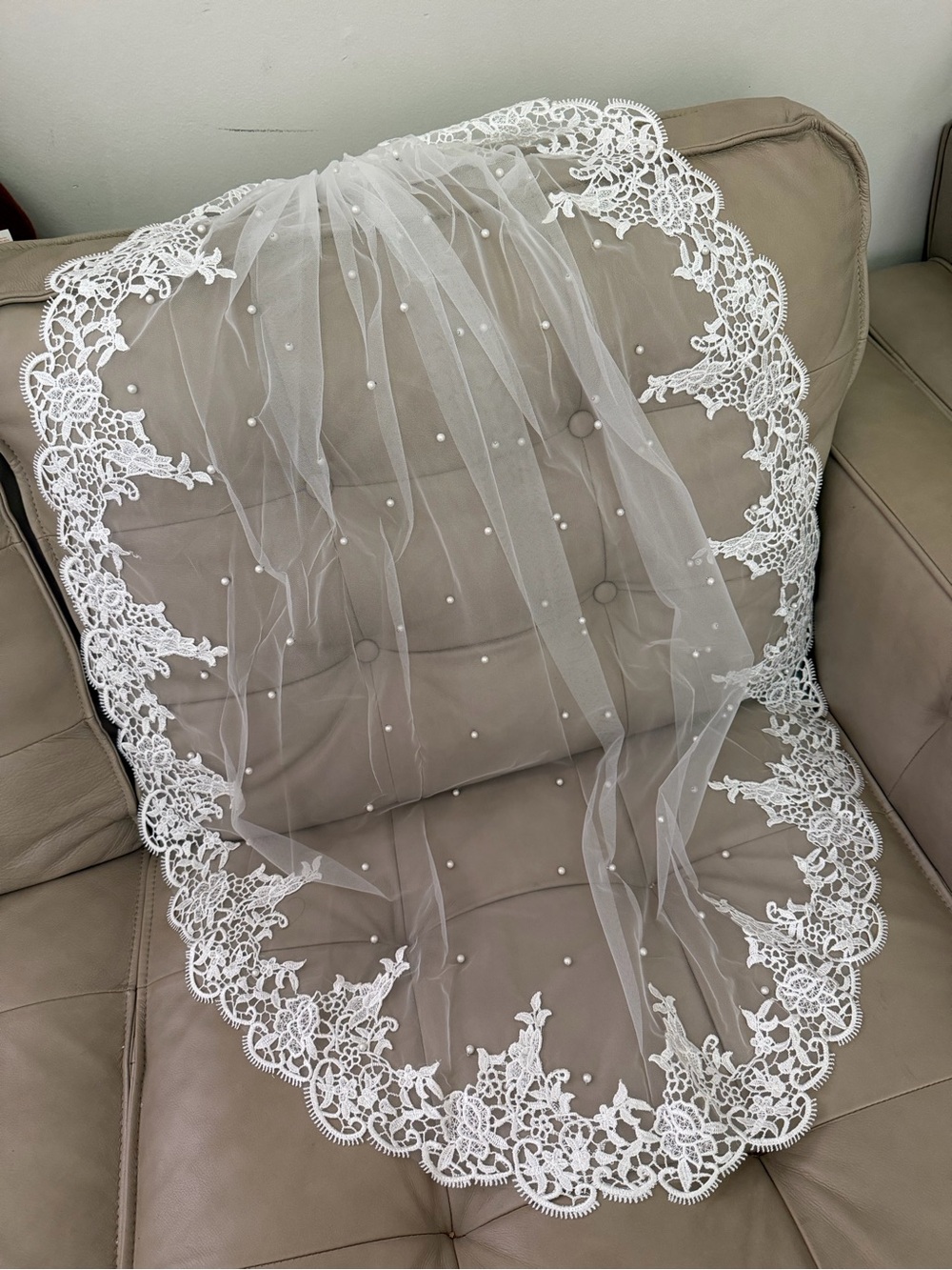 Delicate White Lace-Edged Bridal Veil with Pearl Accents